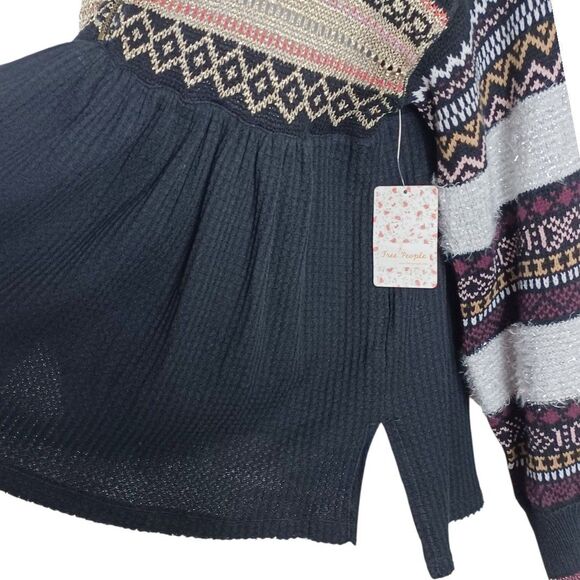 NWT Free People S Cabin Fever Zip Sweater Black Metallic Fair Isle Boho Thermal - Picture 6 of 12